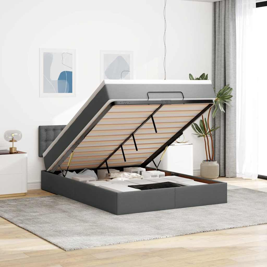 ottomani voodi madratsita ja LED, tumehall, 140x200 cm, kangas