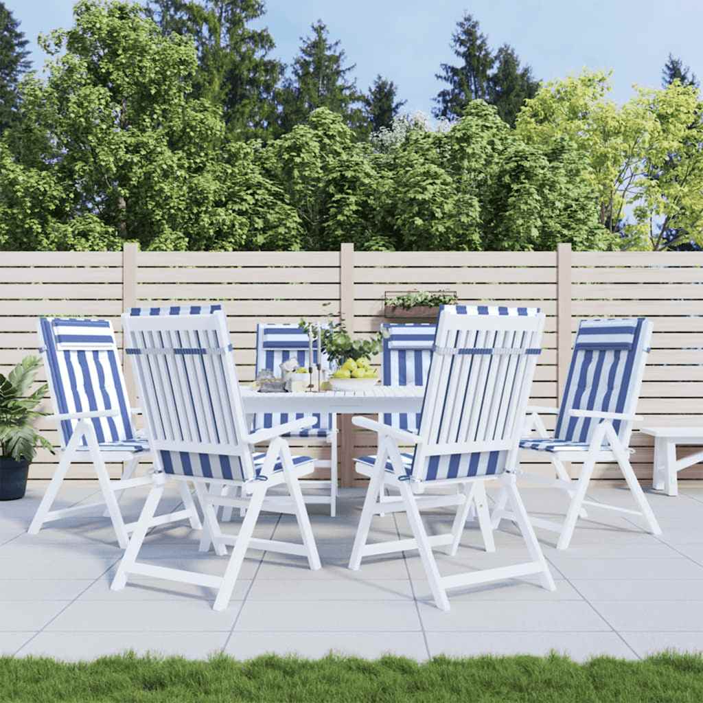 kõrge seljatoega toolipadjad 6 tk, sinise/valge triibuline