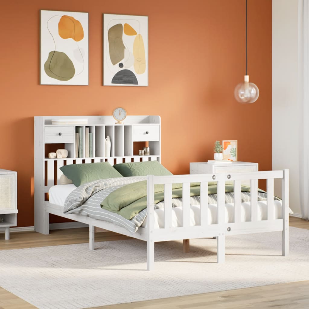 riiuliga voodiraam ilma madratsita, valge, 135x190cm, männipuit