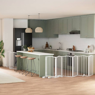 kokkupandav koeravärav uksega, 9 paneeli, valge 450 cm, pappel