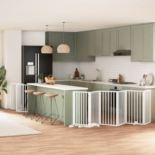 kokkupandav koeravärav uksega, 12 paneeli, valge 600 cm, pappel