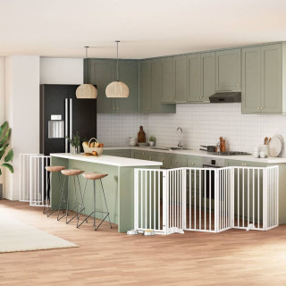 kokkupandav koeravärav uksega, 9 paneeli, valge 450 cm, pappel