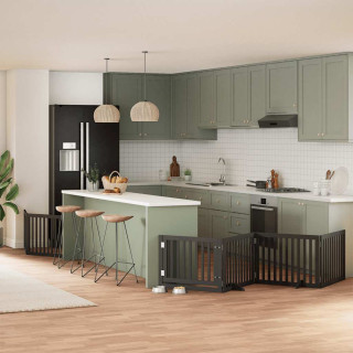 kokkupandav koeravärav uksega, 6 paneeli, must 480 cm, pappel