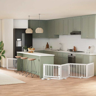 kokkupandav koeravärav uksega, 8 paneeli, valge 640 cm, pappel