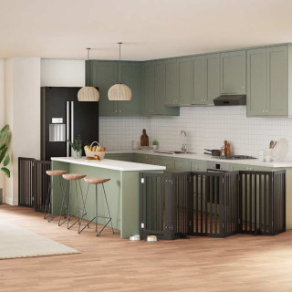 kokkupandav koeravärav uksega, 9 paneeli, must 450 cm, pappel