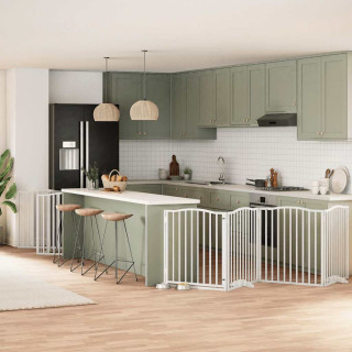 kokkupandav koeravärav uksega, 12 paneeli, valge 960 cm, pappel