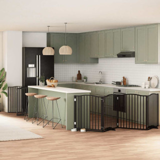 kokkupandav koeravärav uksega, 10 paneeli, must 800 cm, pappel