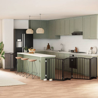 kokkupandav koeravärav uksega, 12 paneeli, must 960 cm, pappel