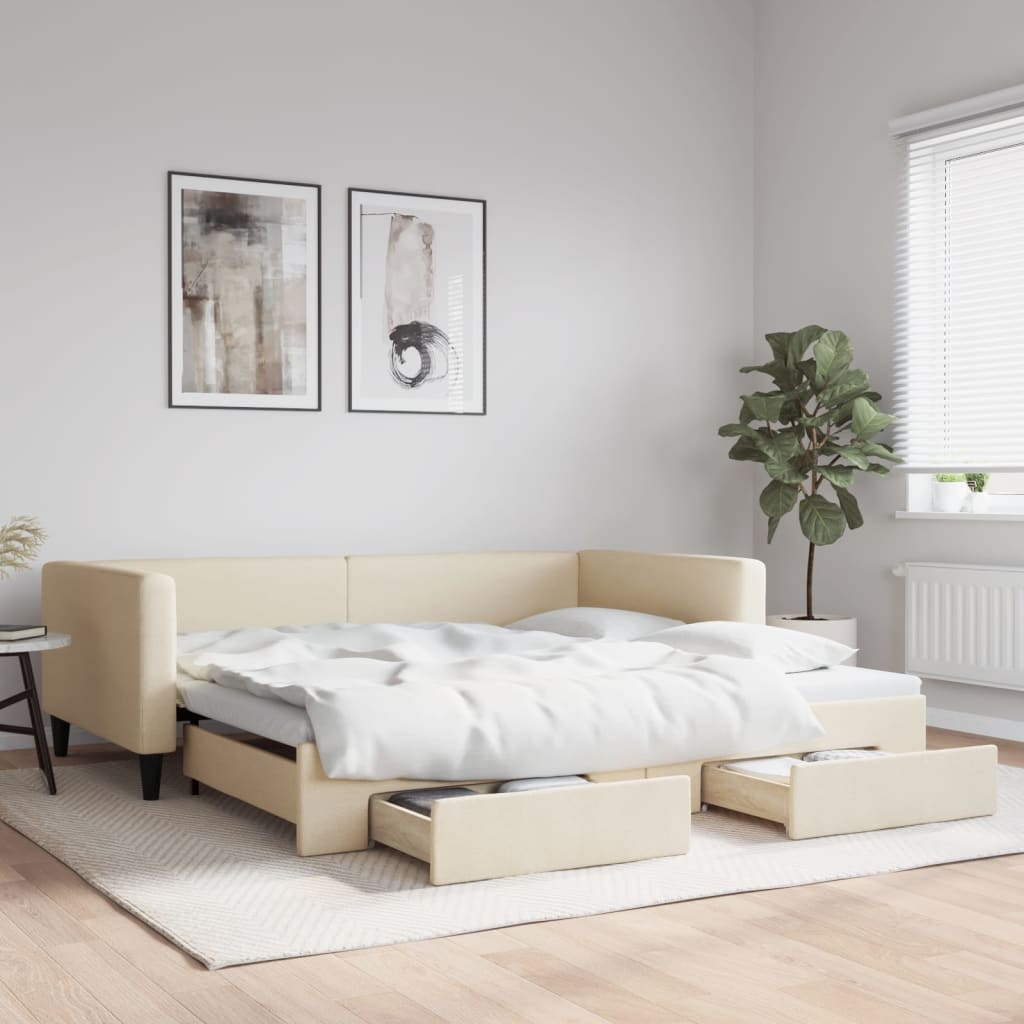 diivanvoodi väljatõmmatava osaga, kreemjas, 100x200 cm, kangas