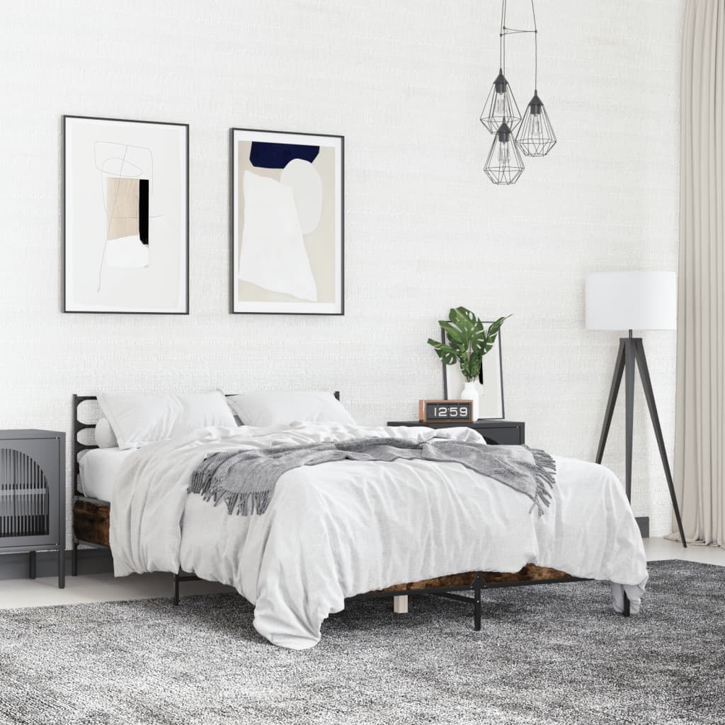 voodiraam, suitsutatud tamm, 135 x 190 cm, tehispuit ja metall