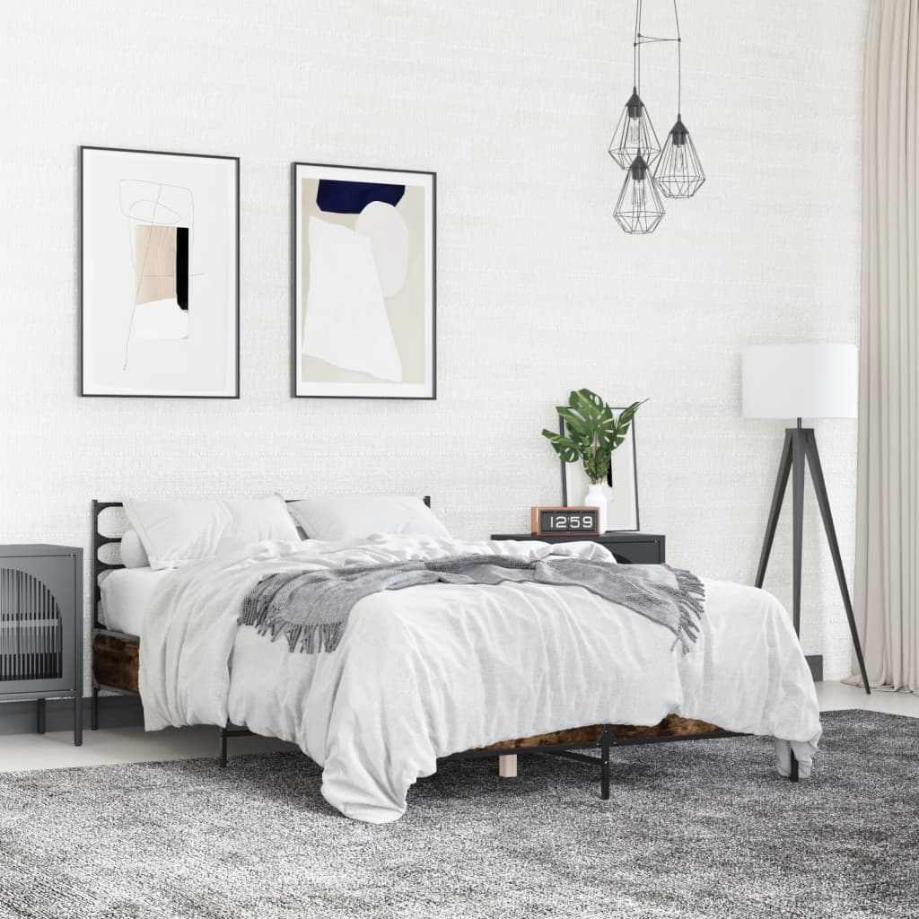 voodiraam, suitsutatud tamm, 140 x 190 cm, tehispuit ja metall