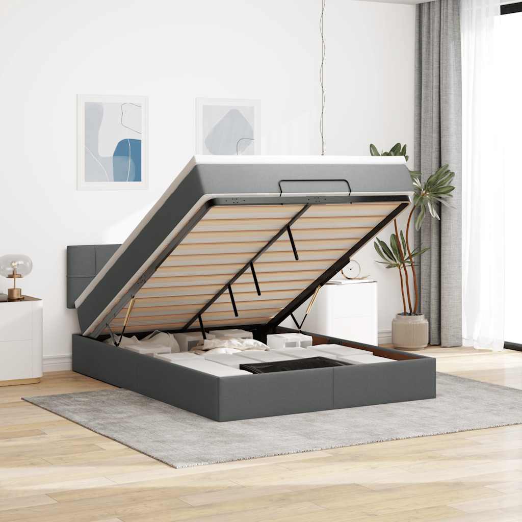 ottomani voodi madratsita ja LED, tumehall, 140x190cm, kangas