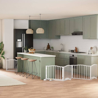 kokkupandav koeravärav uksega, 6 paneeli, valge 480 cm, pappel