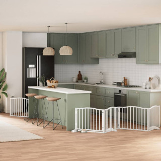 kokkupandav koeravärav uksega, 8 paneeli, valge 640 cm, pappel