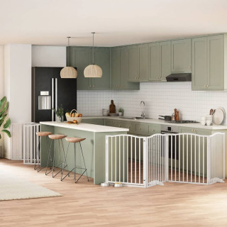 kokkupandav koeravärav uksega, 10 paneeli, valge 800 cm, pappel