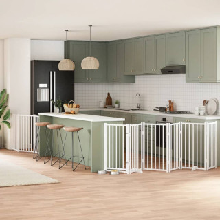 kokkupandav koeravärav uksega, 9 paneeli, valge 450 cm, pappel