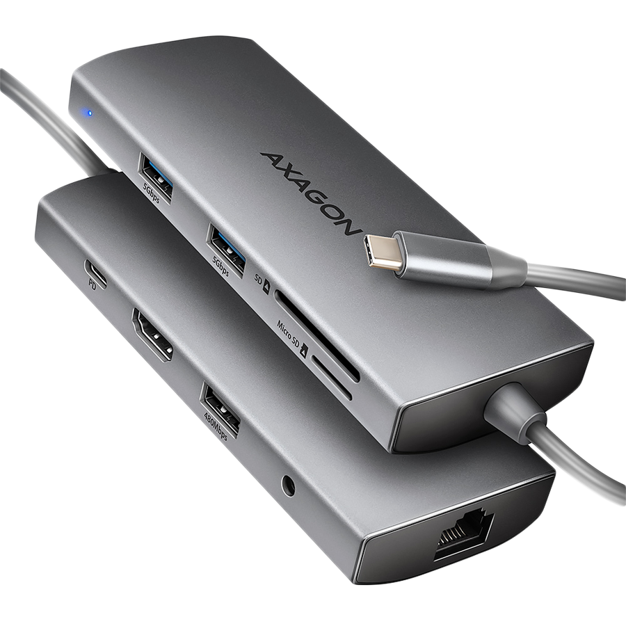 AXAGON HMC-8HLSA USB-C 3.2 Gen 1 хаб, 3x USB-A + 4K/30Hz HDMI + SD/microSD, GLAN, Аудио, PD 100W, 20см USB-C кабель