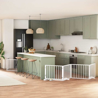 kokkupandav koeravärav uksega, 12 paneeli, valge 960 cm, pappel