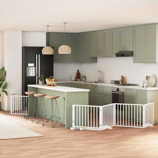 kokkupandav koeravärav uksega, 8 paneeli, valge 640 cm, pappel