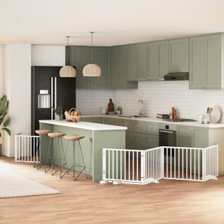 kokkupandav koeravärav uksega, 6 paneeli, valge 480 cm, pappel