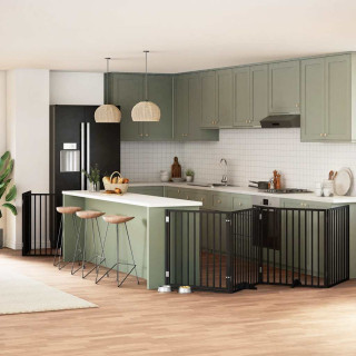 kokkupandav koeravärav uksega, 6 paneeli, must 480 cm, pappel