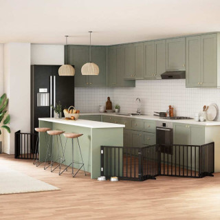 kokkupandav koeravärav uksega, 8 paneeli, must 640 cm, pappel