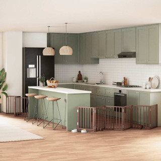 kokkupandav koeravärav uksega, 9 paneeli, pruun 450 cm, pappel