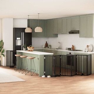 kokkupandav koeravärav uksega, 9 paneeli, must 450 cm, pappel