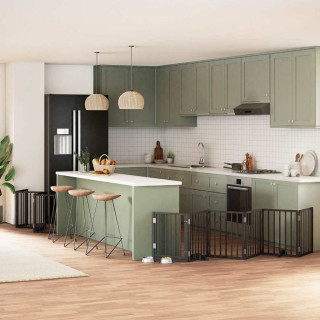 kokkupandav koeravärav uksega, 15 paneeli, must 750 cm, pappel