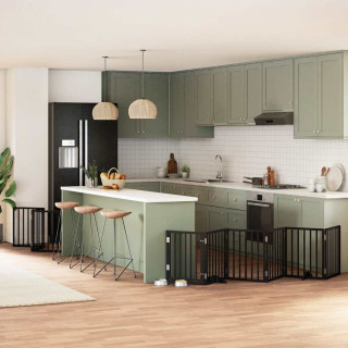 kokkupandav koeravärav uksega, 9 paneeli, must 450 cm, pappel