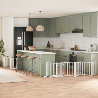 kokkupandav koeravärav uksega, 12 paneeli, valge 600 cm, pappel