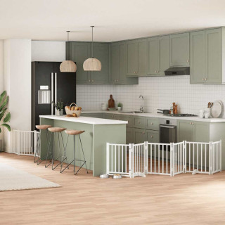 kokkupandav koeravärav uksega, 9 paneeli, valge 450 cm, pappel