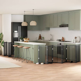 kokkupandav koeravärav uksega, 15 paneeli, must 750 cm, pappel