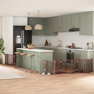 kokkupandav koeravärav uksega, 9 paneeli, pruun 450 cm, pappel