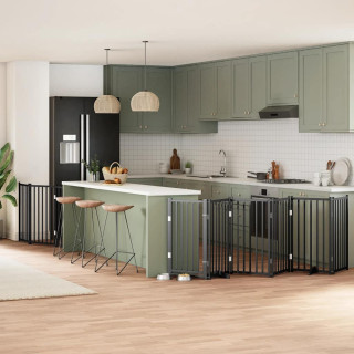 kokkupandav koeravärav uksega, 9 paneeli, must 450 cm, pappel