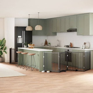 kokkupandav koeravärav uksega, 8 paneeli, must 640 cm, pappel