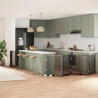 kokkupandav koeravärav uksega, 6 paneeli, must 480 cm, pappel